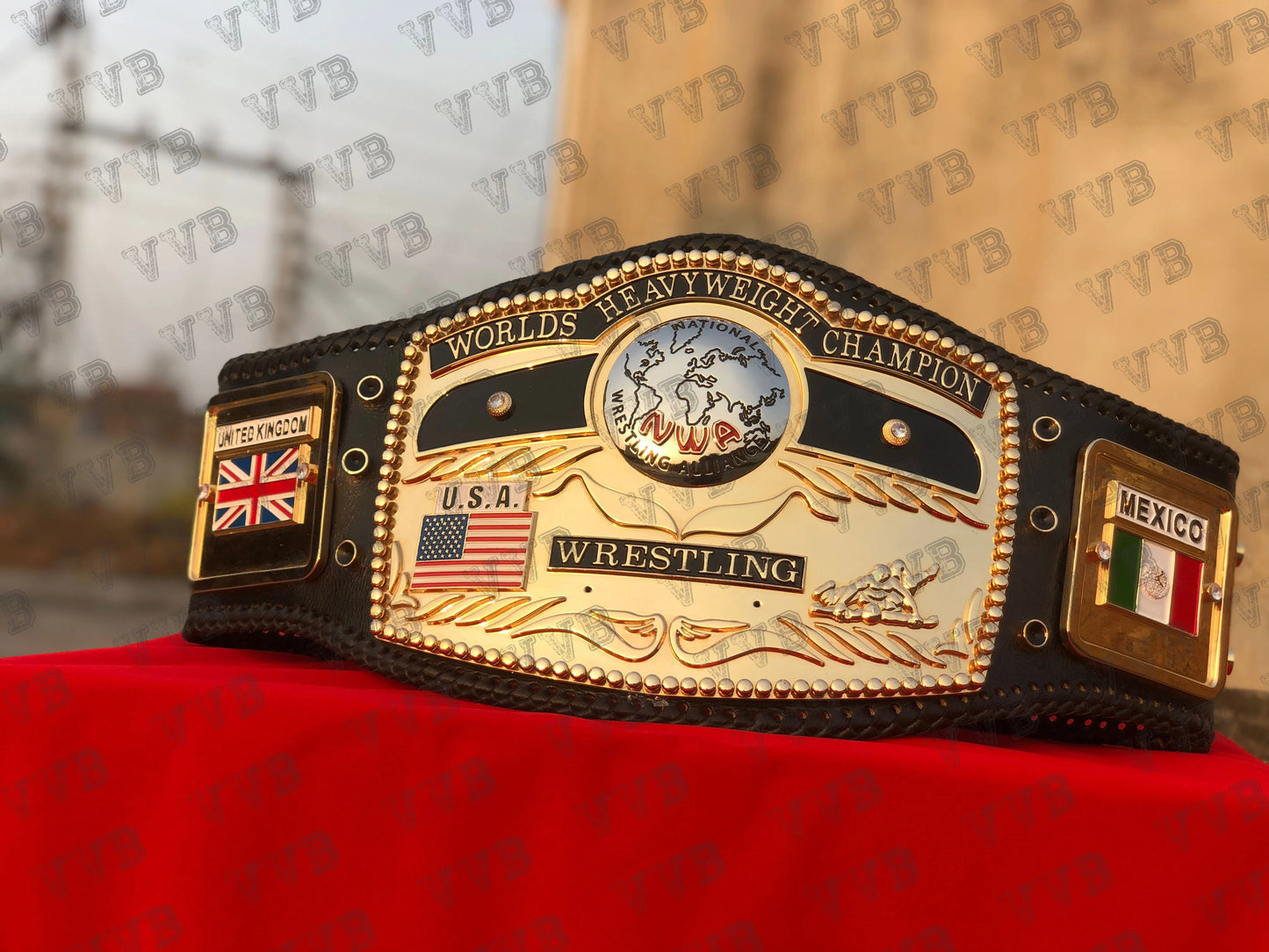 Premium NWA Championship Belt with Domed Globe Center and Faux Leather Strap