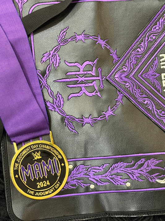 Custom Rhea Ripley Inspired Embroidered Side Bag with Premium Metal MAMI 2024 Judgment Day Championship Medal – Handmade Wrestling Fan Collectible