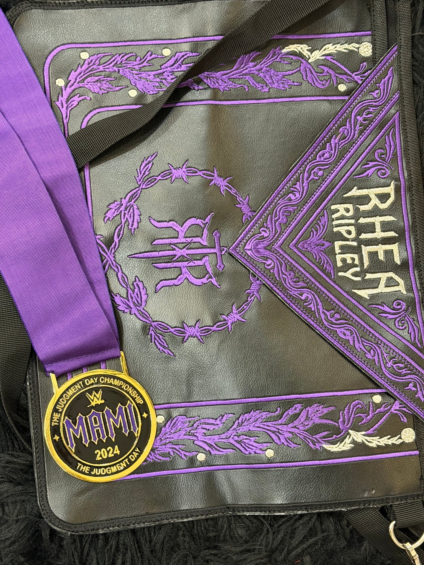 Custom Rhea Ripley Inspired Embroidered Side Bag with Premium Metal MAMI 2024 Judgment Day Championship Medal – Handmade Wrestling Fan Collectible