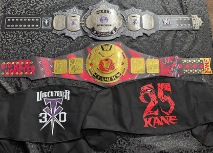 Pack of 2 – Undertaker Belt & Kane Signature Series Belt | 4mm Brass Plates | Premium Wrestling Championship Set