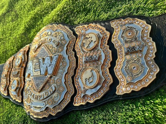 AEW Champion Heavyweight CNC Made Championship Belt – Elite Series Replica with gold-plated plates and leather strap.