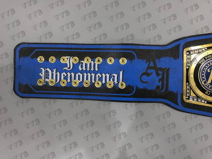 Blue championship belt with 'YTB' branding on a gray background