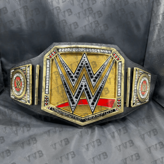 WWE World Heavyweight Championship replica belt with custom side plates on leather strap