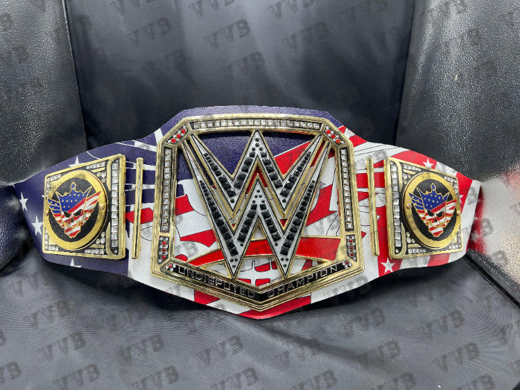  Front view of custom Cody Rhodes championship belt showing the Universal and World Heavyweight titles.