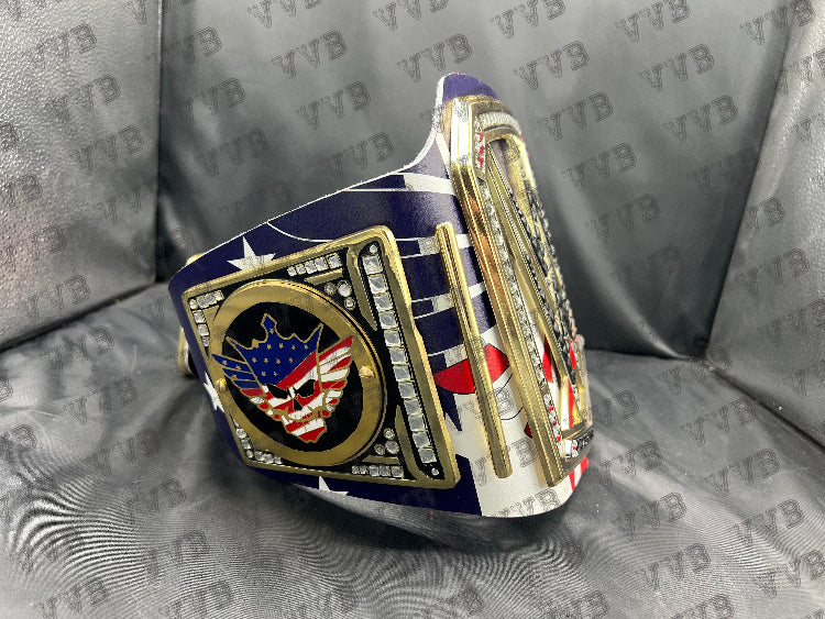Wrestling fan wearing the Cody Rhodes Undisputed Championship belt replica at an event.